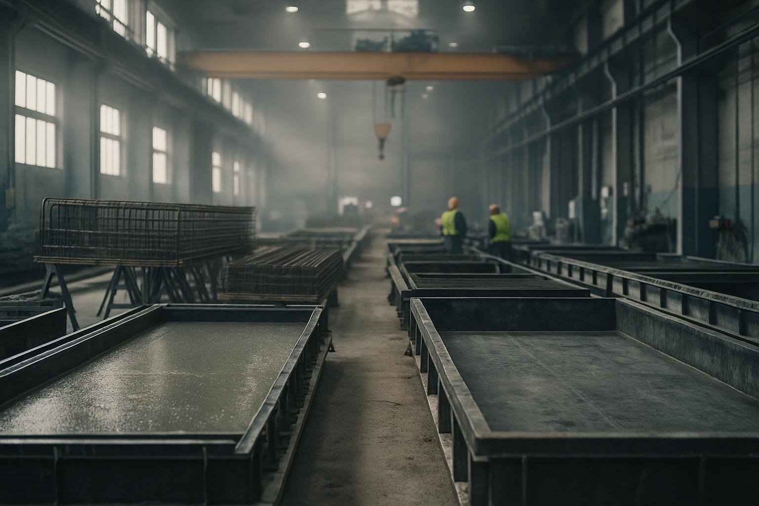 Precast concrete plant floor: casting beds, rebar cages, overhead crane