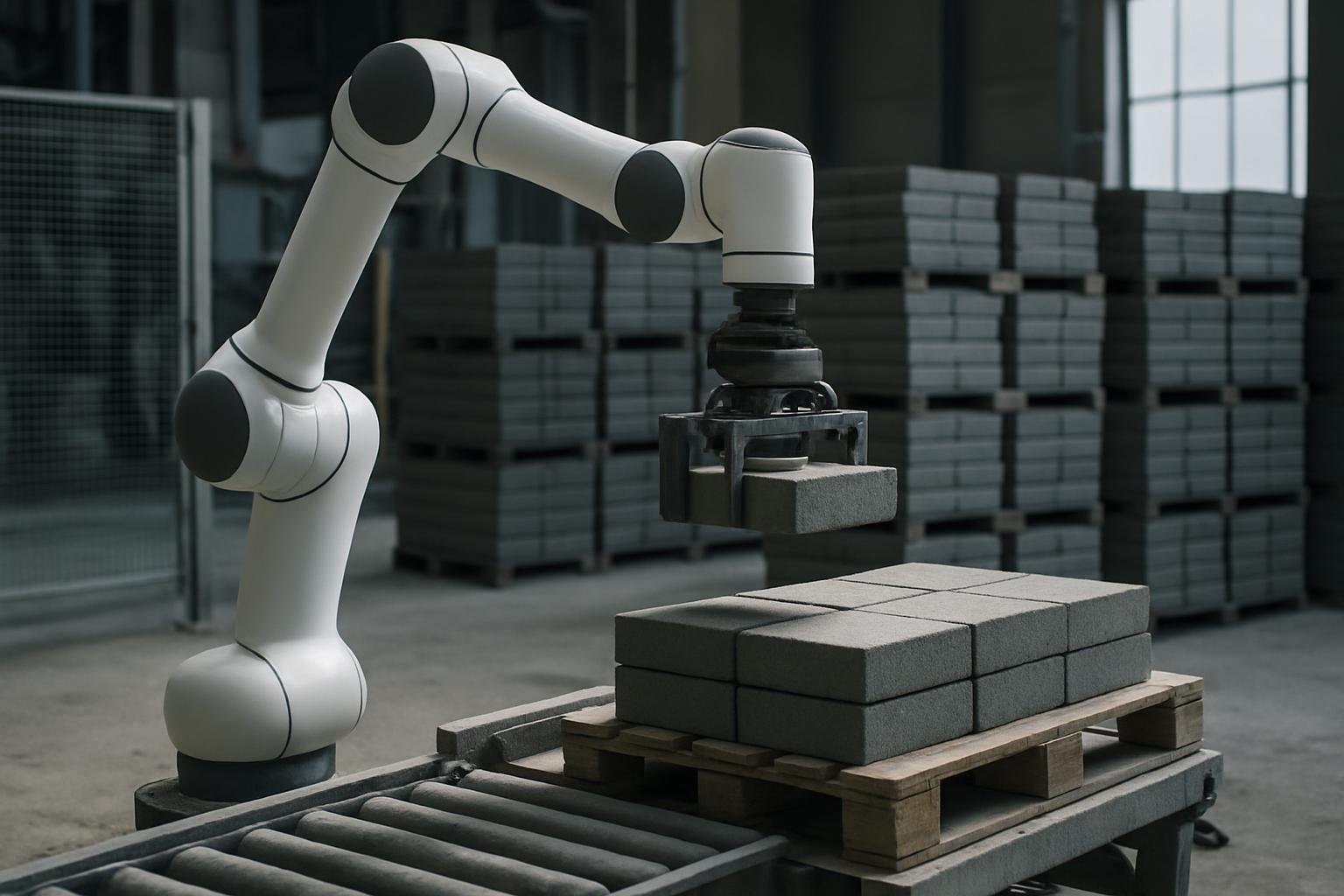 Robot arm palletizing concrete paver blocks