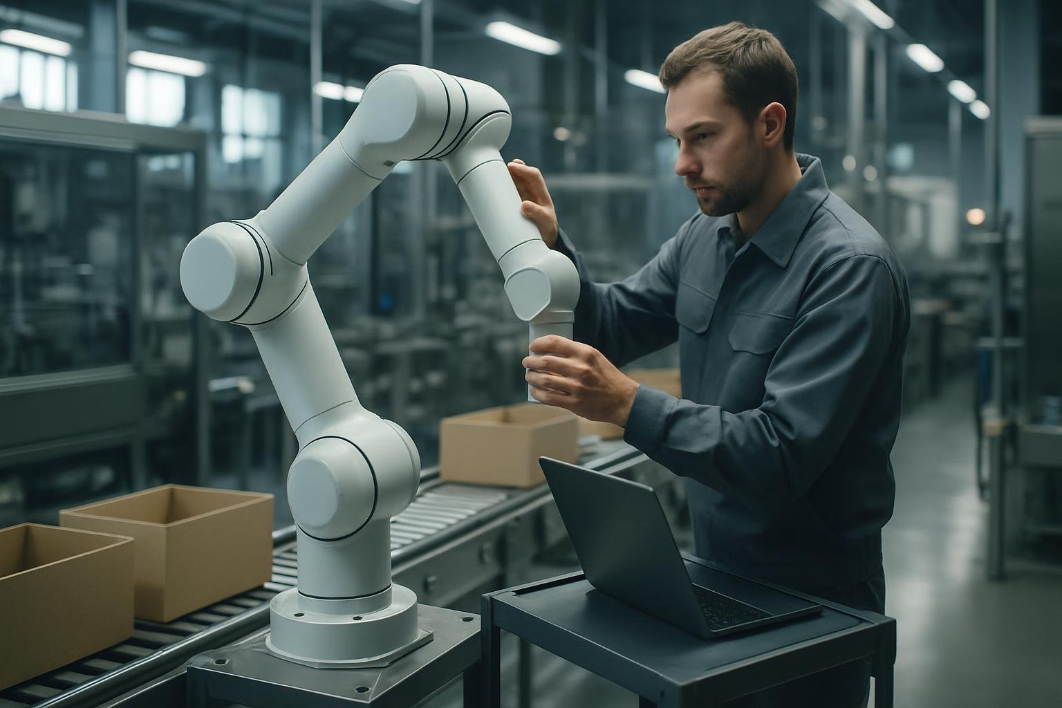 Technician commissioning a collaborative robot cell